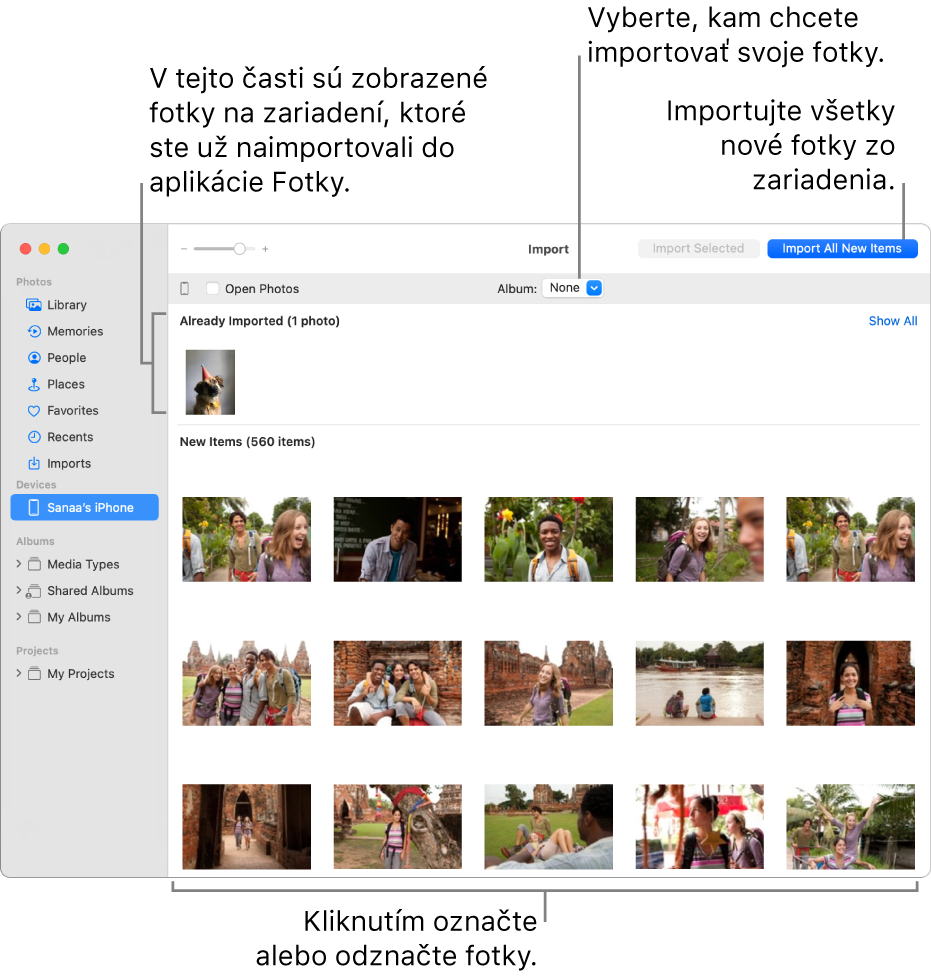Fotky v zariadení, ktoré ste už importovali, sa zobrazia v hornej časti okno Importované a nové fotky sú v spodnej časti. V hornej časti v strede je vyskakovacie menu Album. Tlačidlo Importovať všetky nové položky je v pravom hornom rohu.