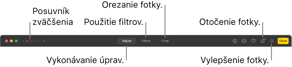 Panel s nástrojmi Upraviť znázorňujúci posuvník zväčšenia a tlačidlá na úpravy, pridávanie filtrov, orezávanie fotiek, otáčanie fotiek a vylepšovanie fotiek.