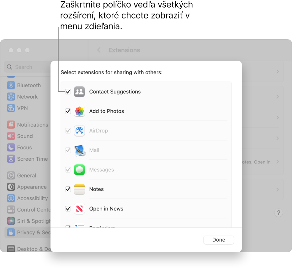 Zoznam rozšírení v nastaveniach rozšírení so zaškrtnutým políčkom vedľa každého rozšírenia, ktoré sa má pridať do menu Zdieľať.