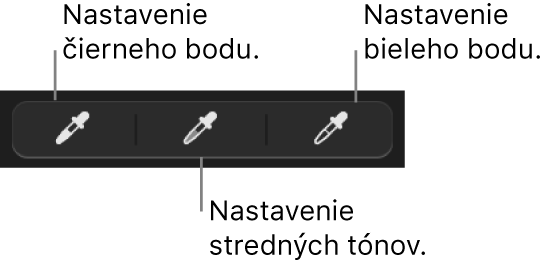 Tri kvapkadlá použité na nastavenie čierneho bodu, stredných tónov a bieleho bodu na fotke.