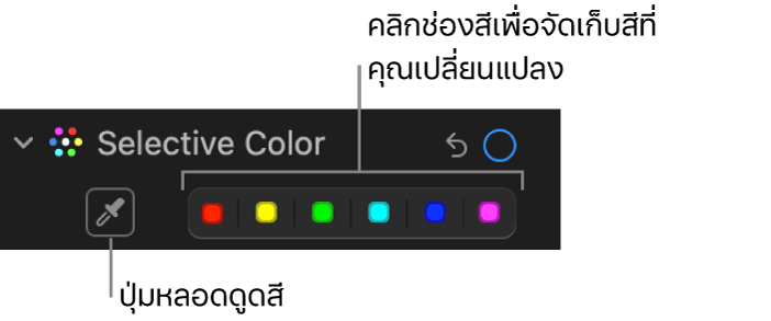 ตัวควบคุมสีที่เลือกในบานหน้าต่างการปรับที่แสดงปุ่มหลอดดูดสีและช่องสี