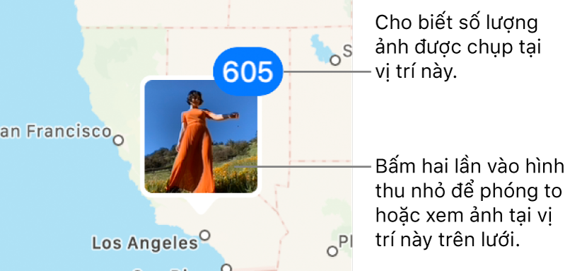 Hình thu nhỏ ảnh trên bản đồ, với số ở góc trên cùng bên phải cho biết số lượng ảnh được chụp tại vị trí đó.
