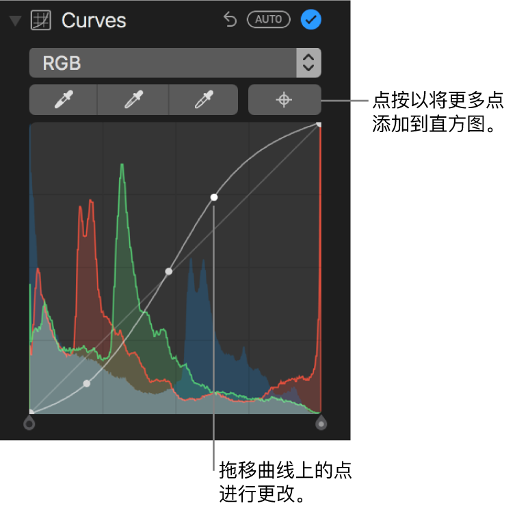 “调整”面板中的“曲线”控制，显示右上方的“添加点”按钮和下方的 RGB 直方图。