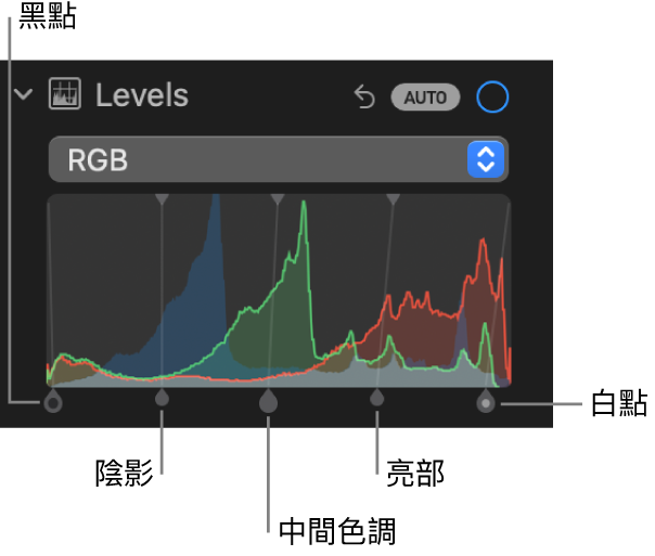 「調整」面板中的「色階」控制項目，下方顯示帶有控點的 RGB 色階分佈圖，由左至右包含黑點、陰影、中間色調、亮部和白點。