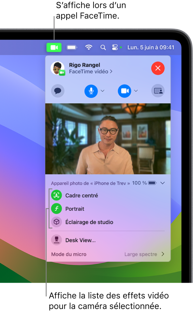 Le centre de contrôle dans le coin supérieur droit de l’écran du Mac avec le bouton Vidéo (qui apparaît sur les Mac compatibles) et trois effets vidéo disponibles.