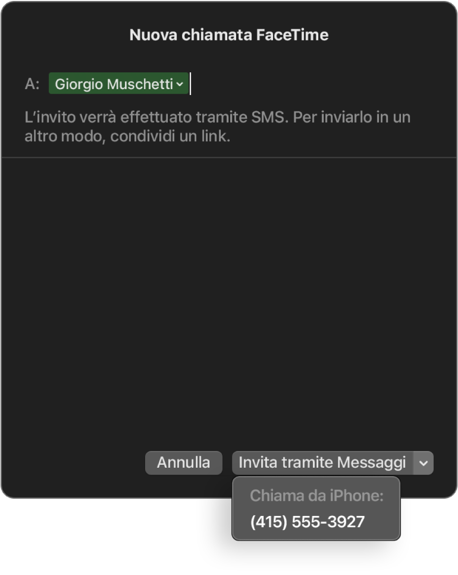 La finestra “Nuova chiamata FaceTime” con il nome di una persona nel campo A. La finestra a comparsa in basso dice di invitare tramite Messaggi (inviando un SMS) o chiamare usando iPhone.