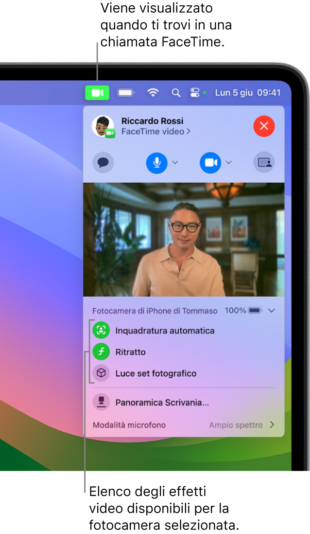 Centro di Controllo nell’angolo in alto a destra sulla schermata del Mac, che mostra il pulsante Video (visualizzato sui Mac supportati), e tre effetti video disponibili.