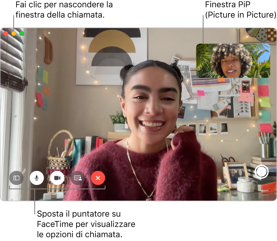 Sposta il puntatore sulla finestra FaceTime per visualizzare i pulsanti “Barra laterale”, Muto, “Disattiva audio del video”, “Condividi schermo”, “Termina chiamata” e Live Photo. Fai clic sul pulsante centrale nell’angolo in alto a sinistra per nascondere la finestra della chiamata. La finestra PIP viene visualizzata nell’angolo in alto a destra.