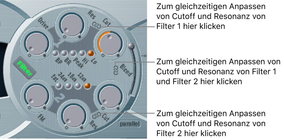 Abbildung. Filter-Parameter, der Kettensymbole zwischen Parametern und Filtern zeigt, die das gleichzeitige Steuern von mehreren Parametern ermöglichen.