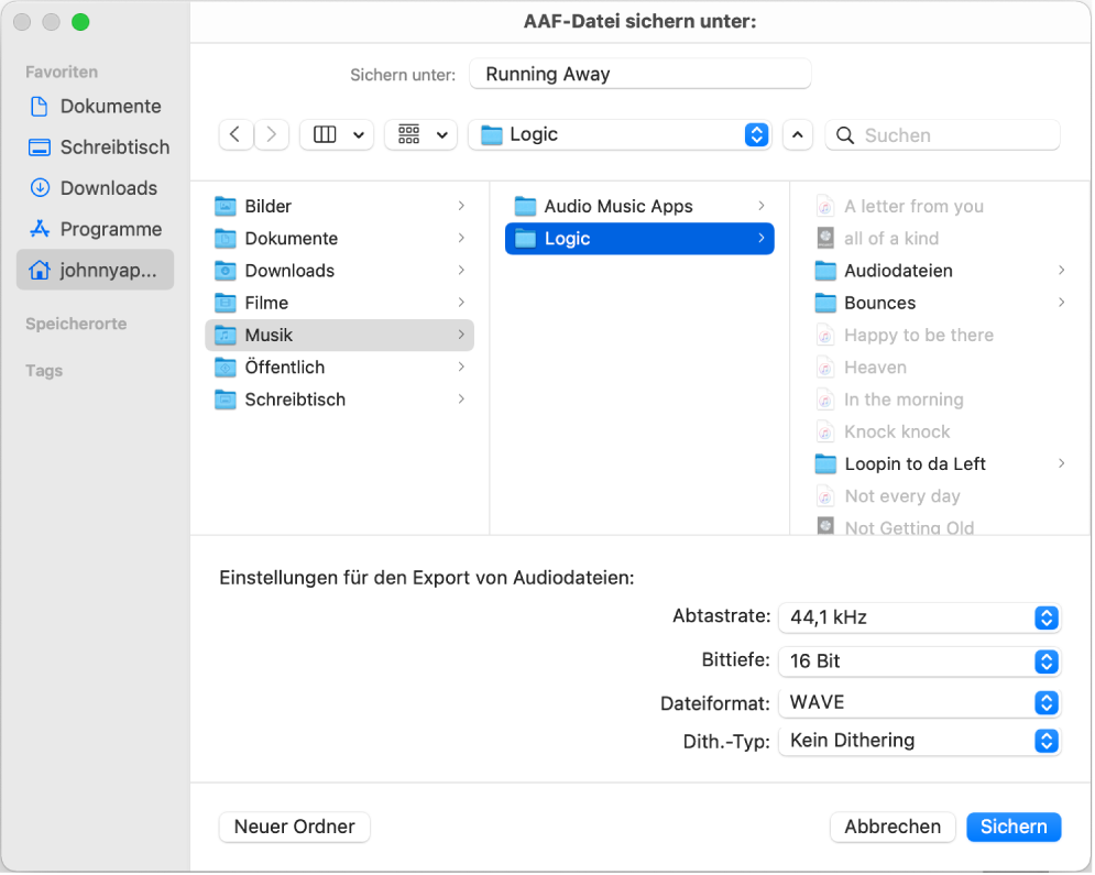 Dialogfenster „AAF-Datei sichern unter“