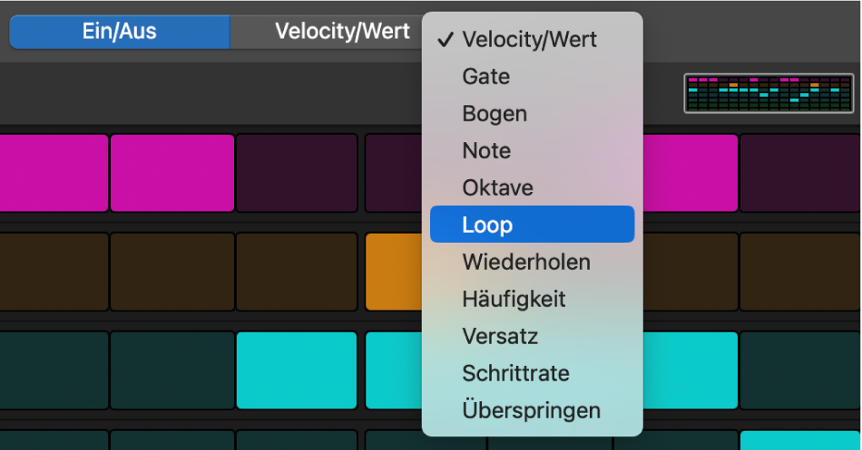 Auswahl für den Bearbeitungsmodus mit Auswahlmöglichkeiten im Step Sequencer