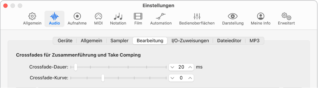 Abbildung. Audiobearbeitungseinstellungen mit Crossfade-Parametern