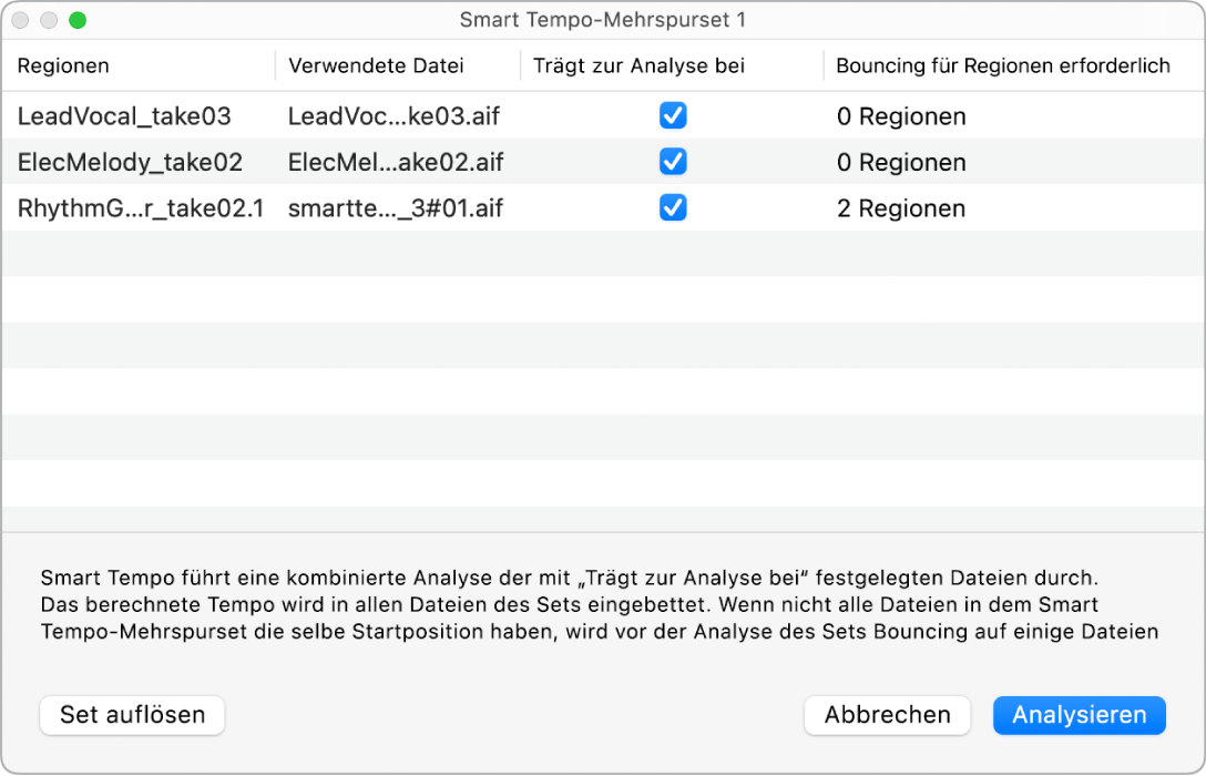 Abbildung. Das Fenster „Mehrspurset für Smart Tempo“ mit den im Mehrspurset verwendeten Audiodateien