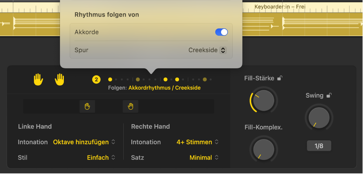 Abbildung. Abschnitt „Rhythmus von Spur folgenf“ im Menü „Patterns“ im Session Player-Editor