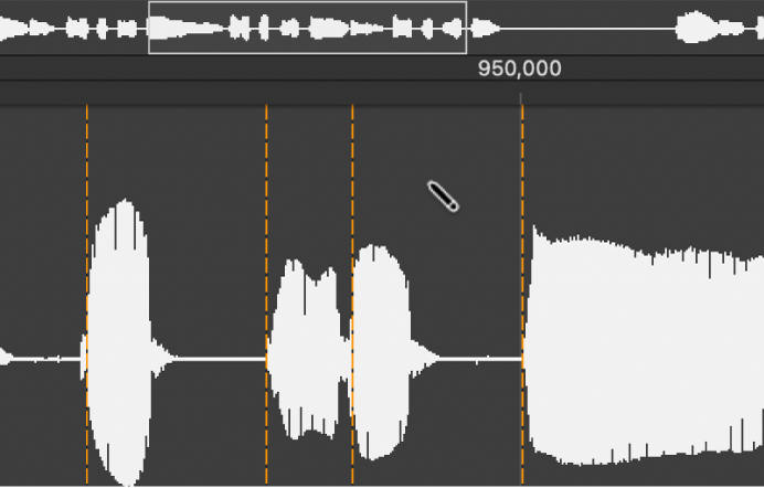 Abbildung. Audiodateieditor mit Stiftwerkzeug über der Wellenformanzeige