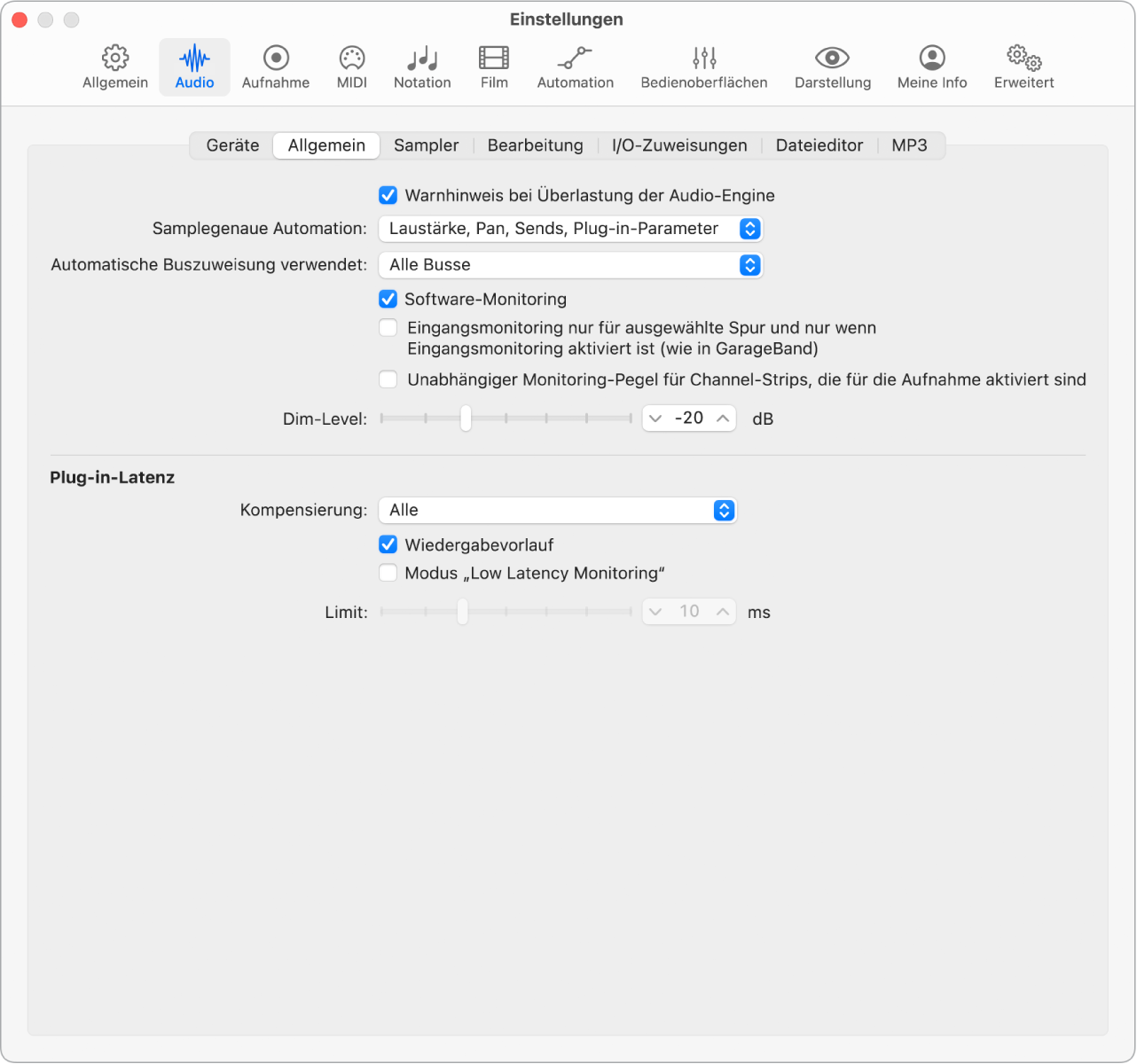 Abbildung. Der Bereich „Allgemein“ der Audioeinstellungen.