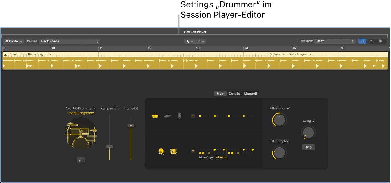 Abbildung. Der Session Player-Editor mit den Drummer-Einstellungen.