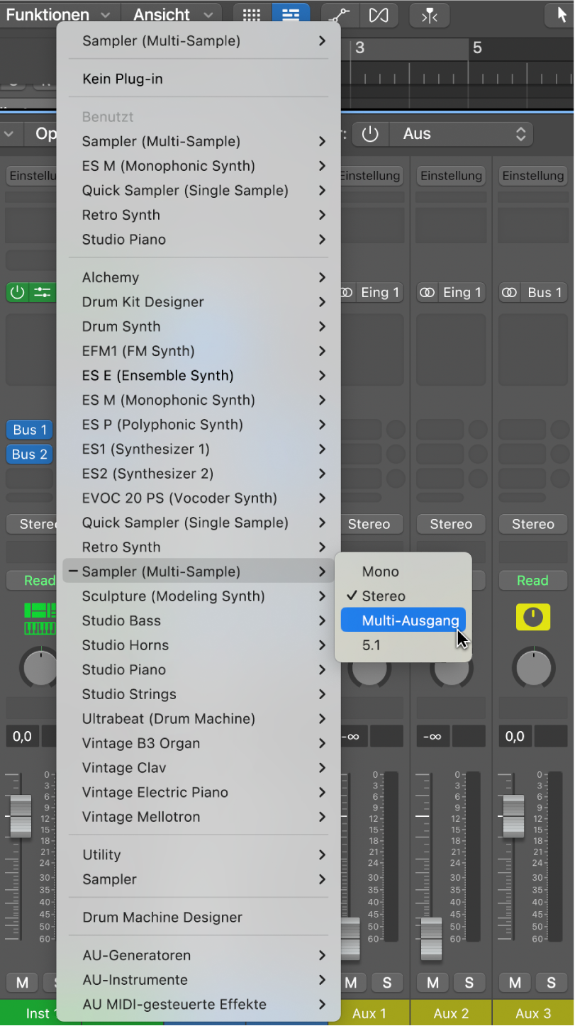 Abbildung. Einblendmenü für den Instrument-Slot mit Option „Sampler Multi-Ausgang“