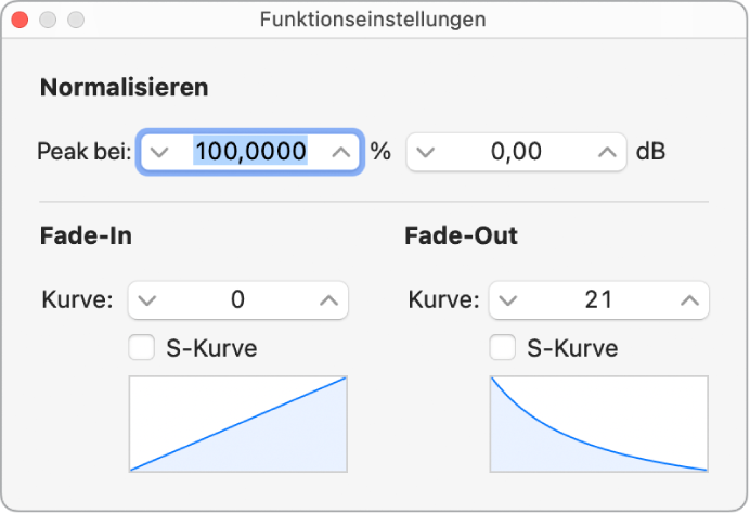 Abbildung. Fenster „Funktionseinstellungen“ mit bearbeitetem Kurvenwert eines Fade-out