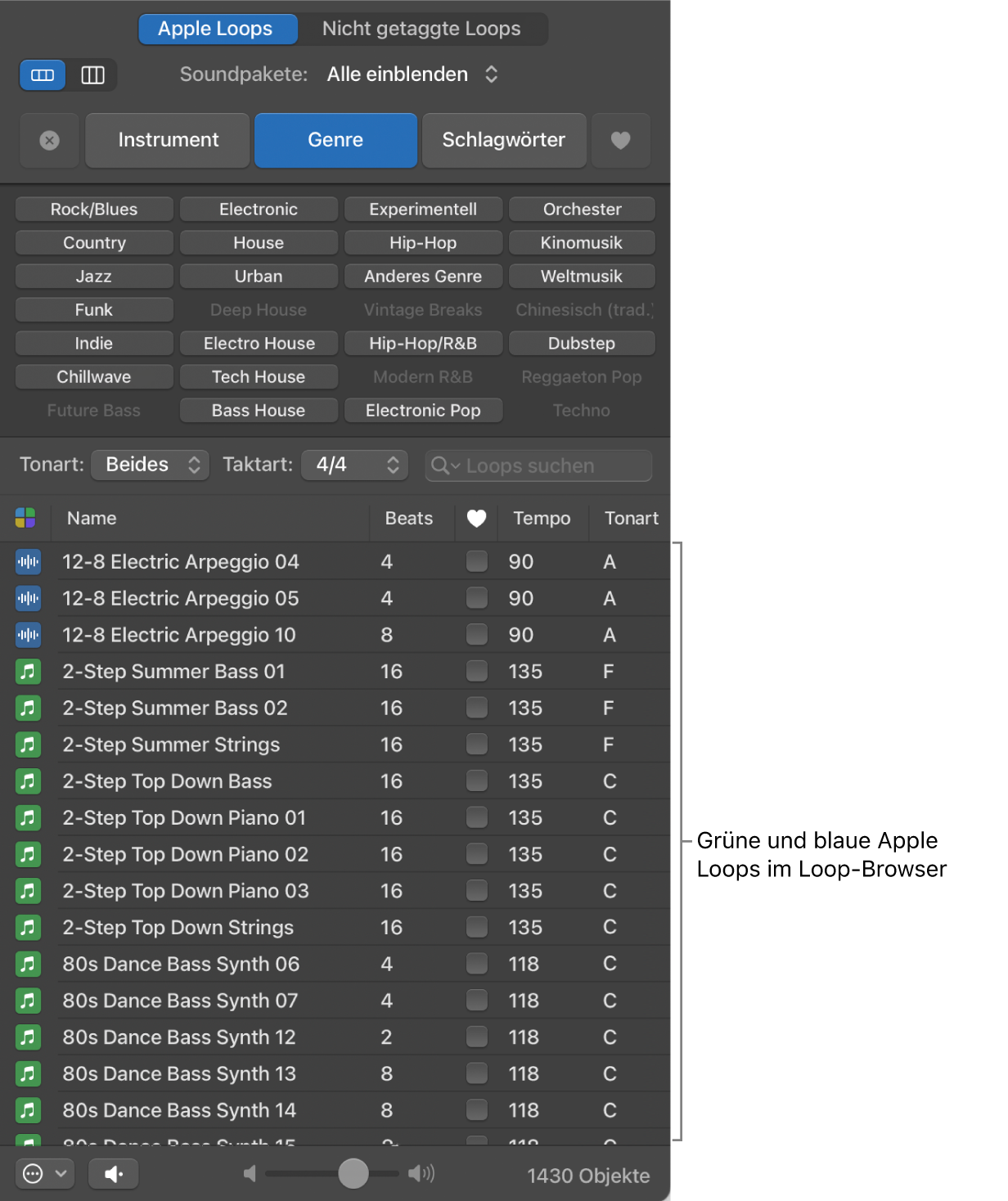 Loop Browser mit MIDI (grün) und Audio (blau) Apple Loops