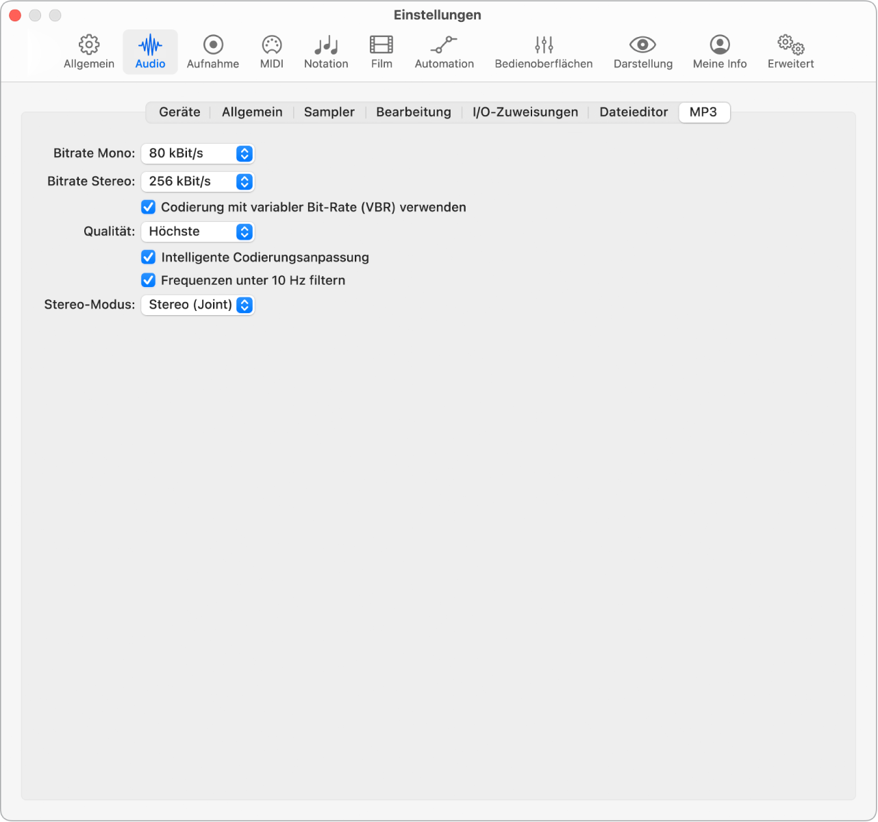 Abbildung. Einstellungsbereich „Audio“ > „MP3“.