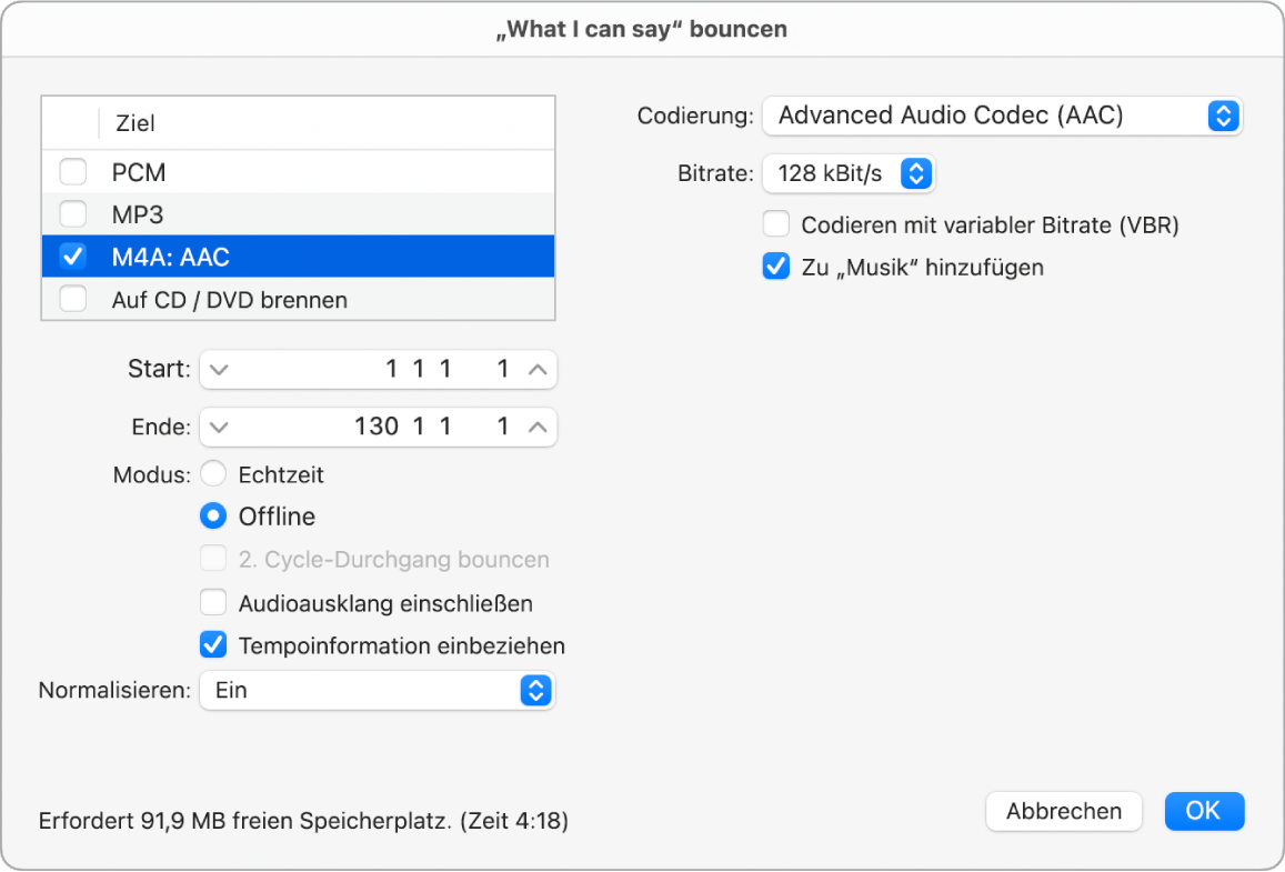 Abbildung. M4A AAC-Format-Optionen im Bounce-Fenster