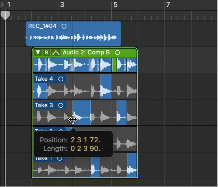 Figure. Dragging the pointer across a take section.