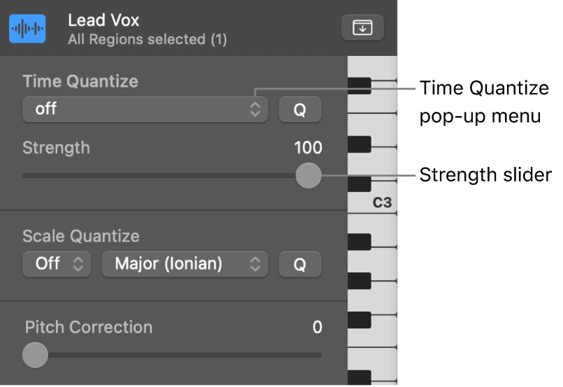 Figure. Time Quantize pop-up menu and Strength slider.