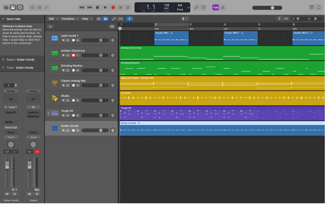 Figure. The Tracks area, showing audio, software instrument, and Session Player regions.