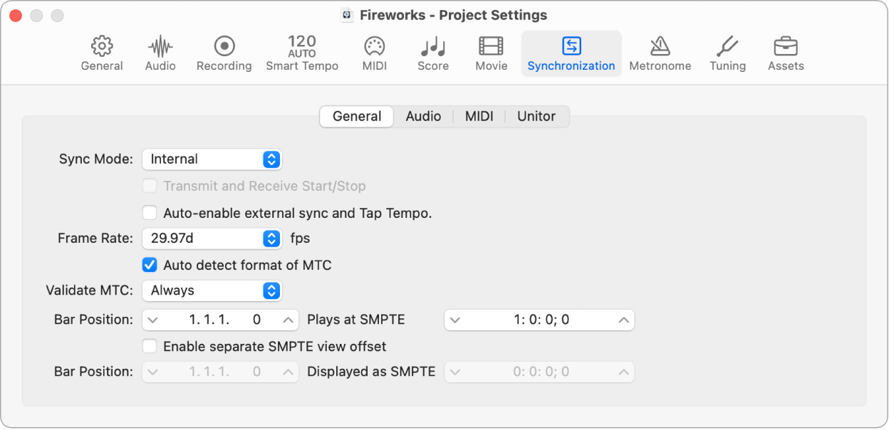 Figure. General Synchronization project settings.