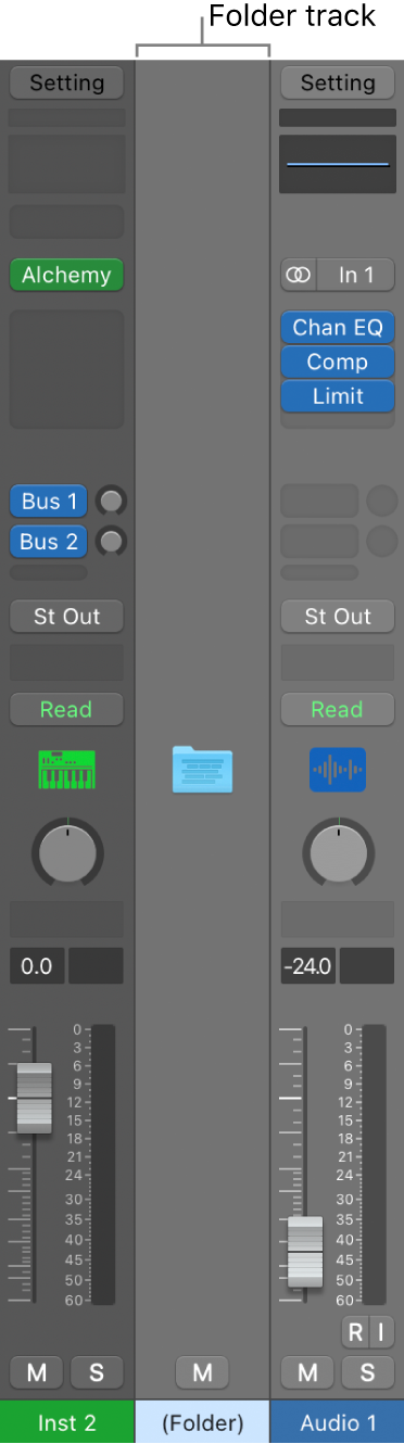 Figure. Folder track channel strip in the Mixer area.