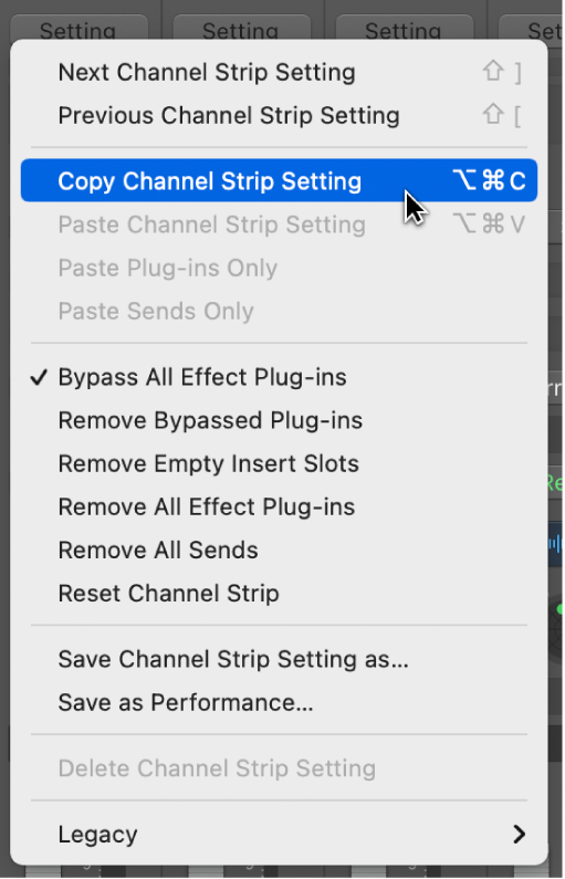 Figure. Showing the Setting pop-up menu open.