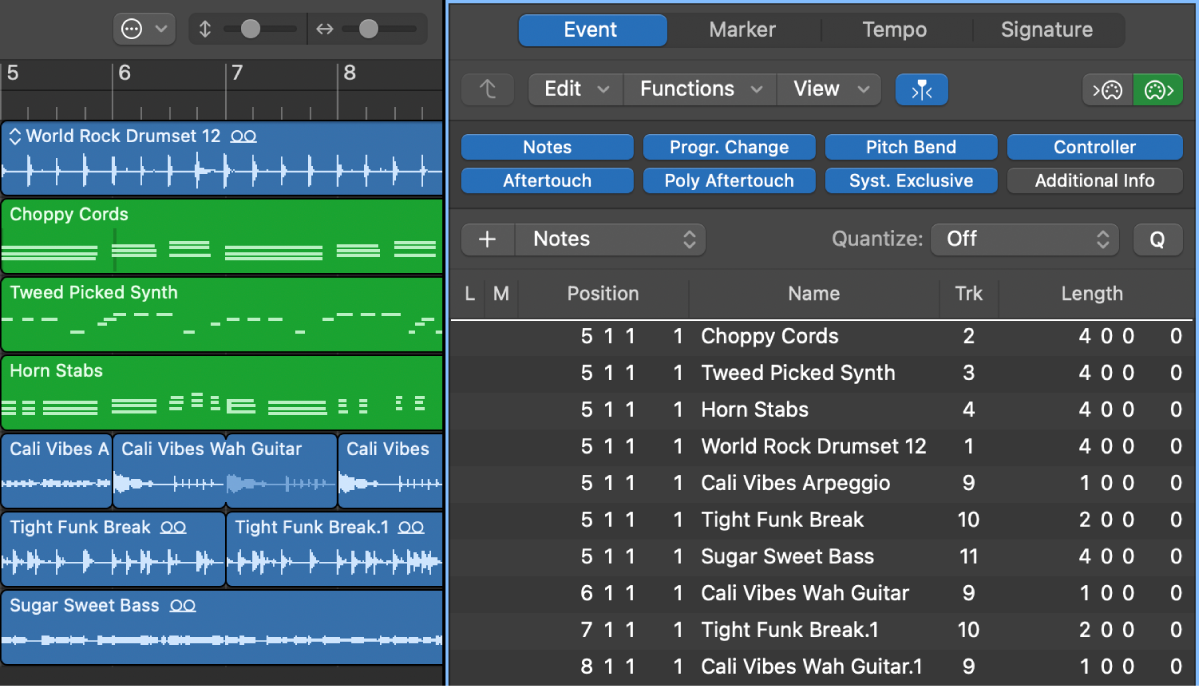 Figure. Event List pane showing all regions in Arrange window.