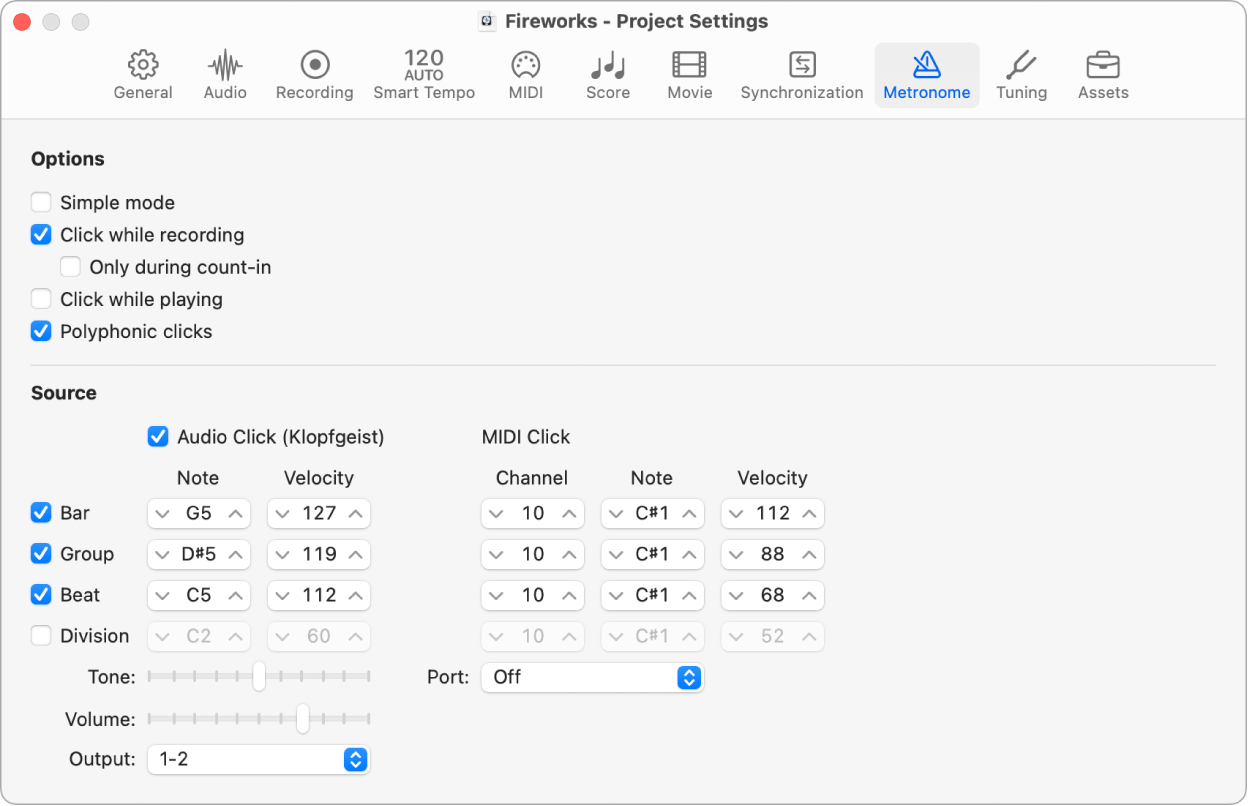 Figure. Metronome project settings.