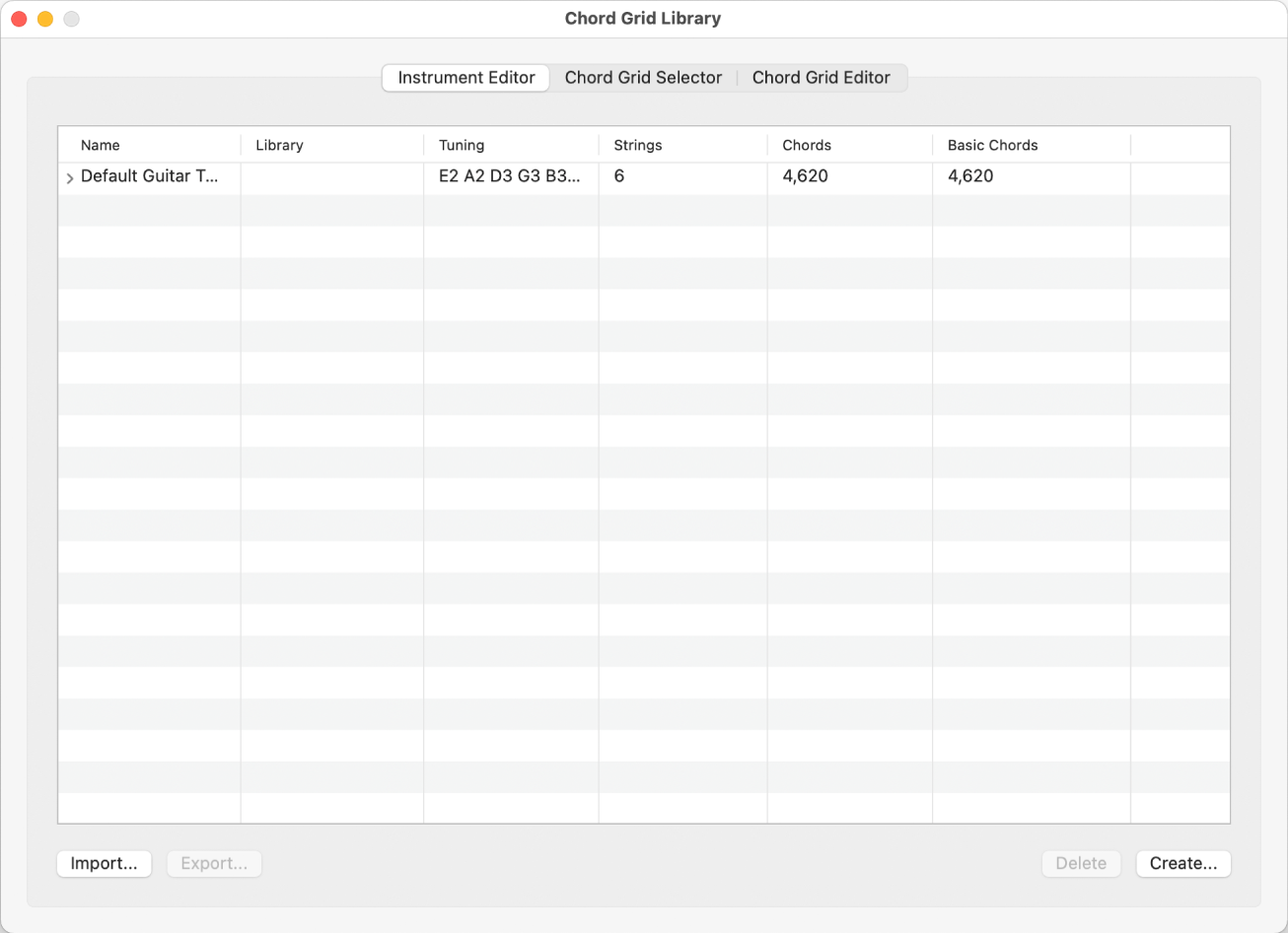 Figure. Instrument Editor pane in Chord Grid Library window.