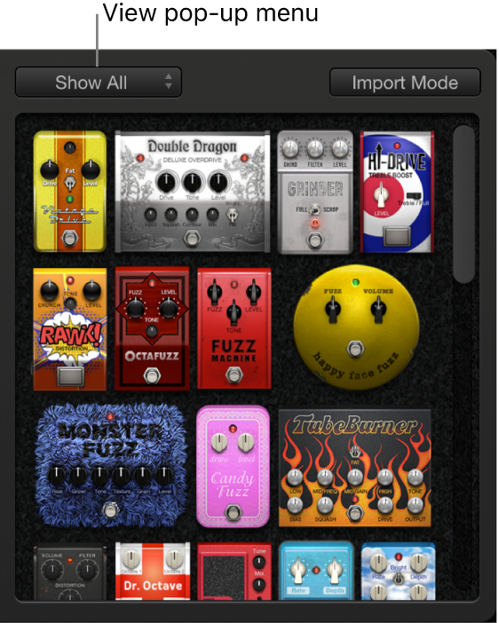 Figure. Pedal Browser, showing View pop-up menu and Import Mode button.