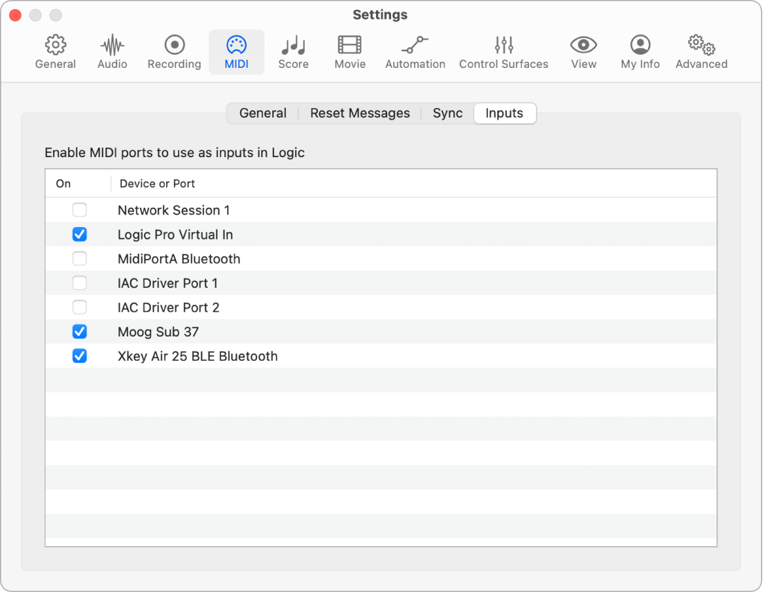 Figure. MIDI Inputs settings.