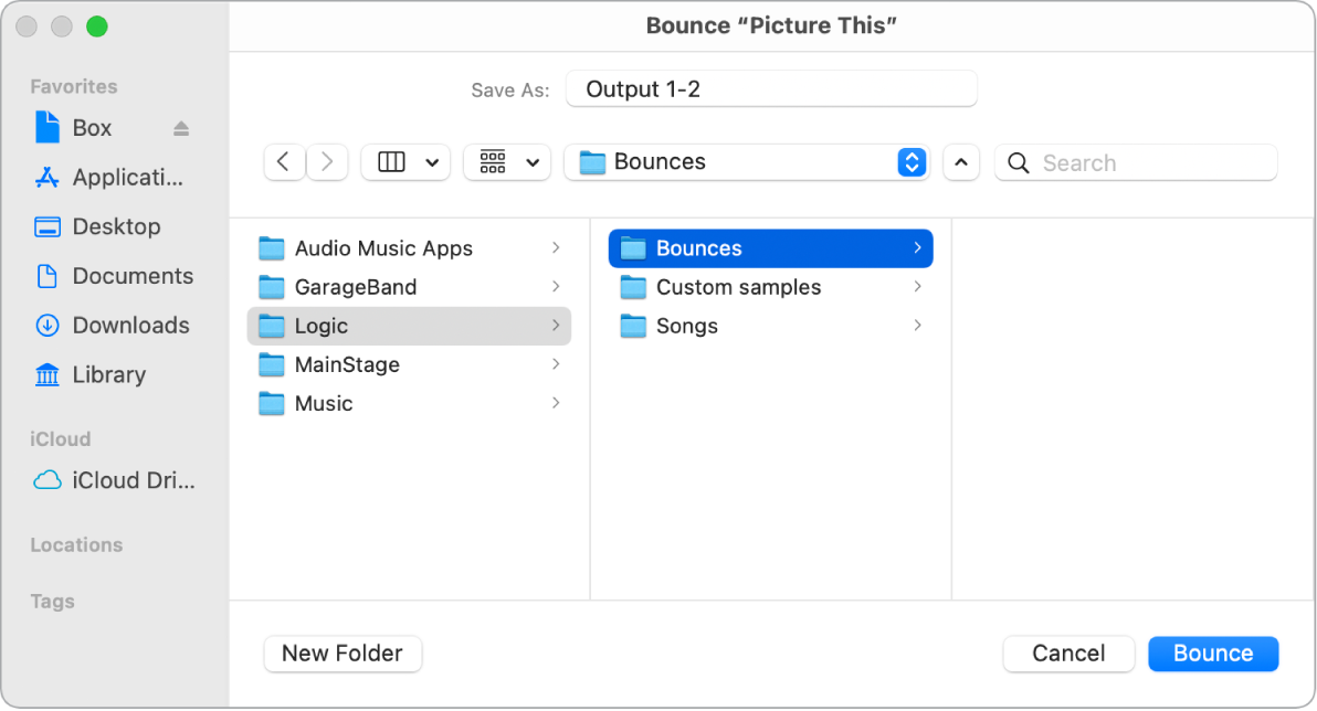 Figure. File name and folder settings in the Bounce window.