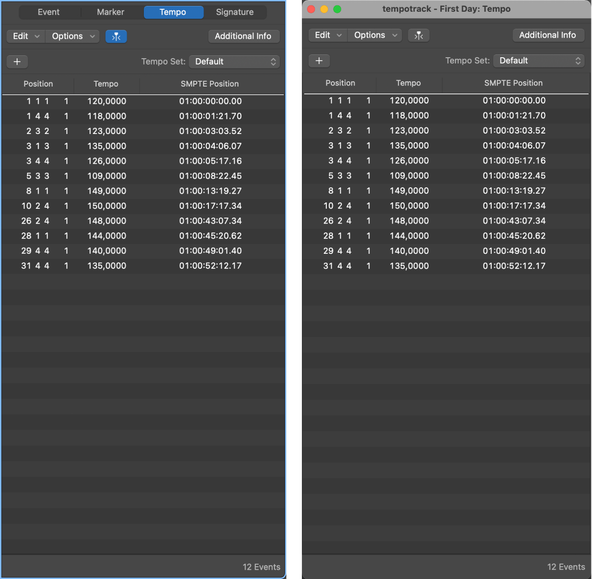 Figure. Tempo List displayed as both pane and window.