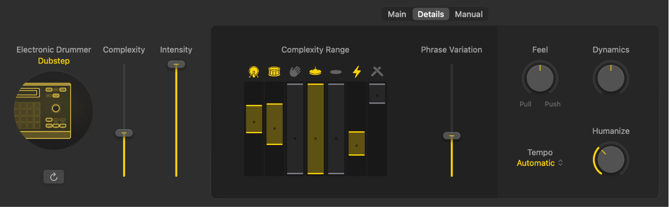 Figure. The Session Player Editor showing the Details view of the electronic Drummer.