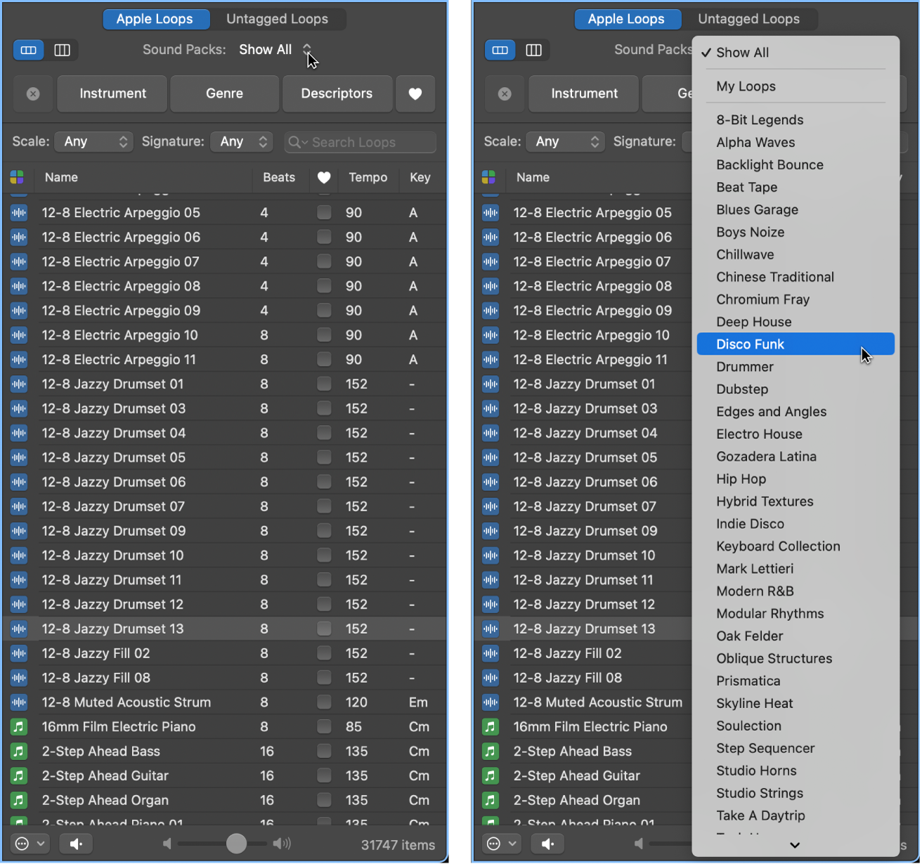 Figure. The Sound Packs pop-up menu showing available loops.