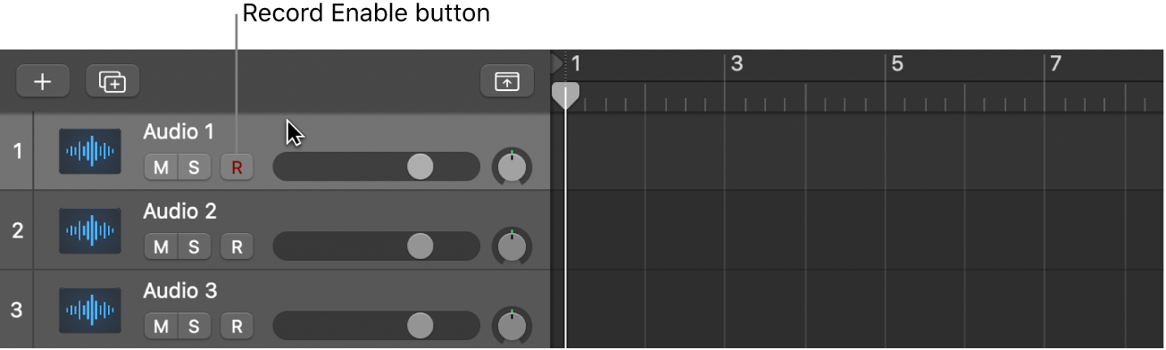 Figure. Selecting the header of an audio track with the Record Enable button.