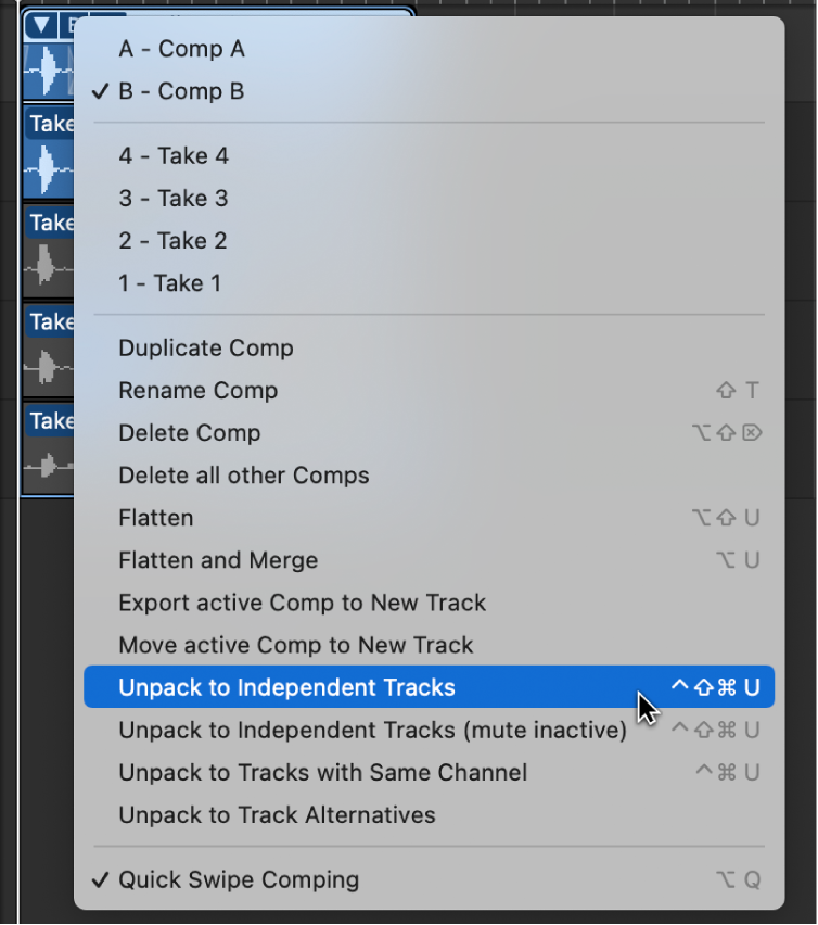 Figure. Choosing Unpack to Independent Tracks from the pop-up menu.