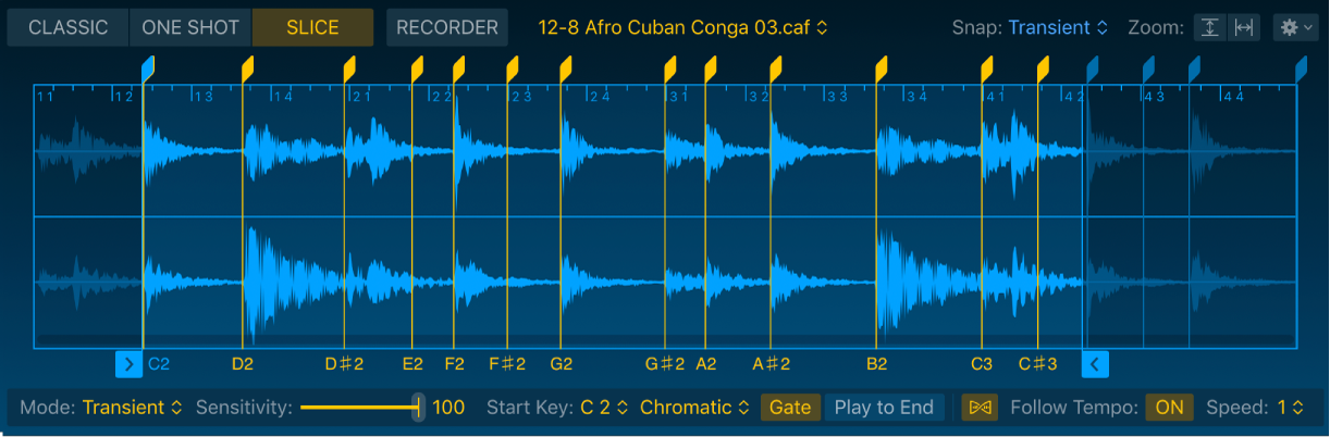 Figure. Quick Sampler Slice mode waveform display, showing start and end markers, slice markers, and related parameters.