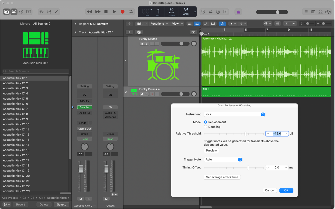 Figure. Tracks area with audio track zoomed, Library open showing drum sounds, and Drum Replacement/Doubling dialog open.