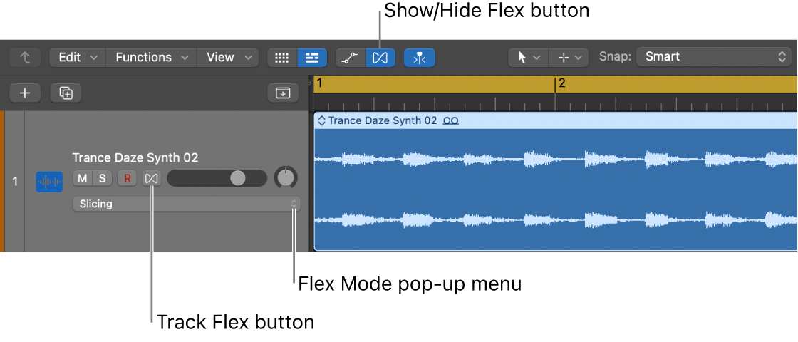 Figure. Flex button and Flex Mode pop-up menu in an audio track header.