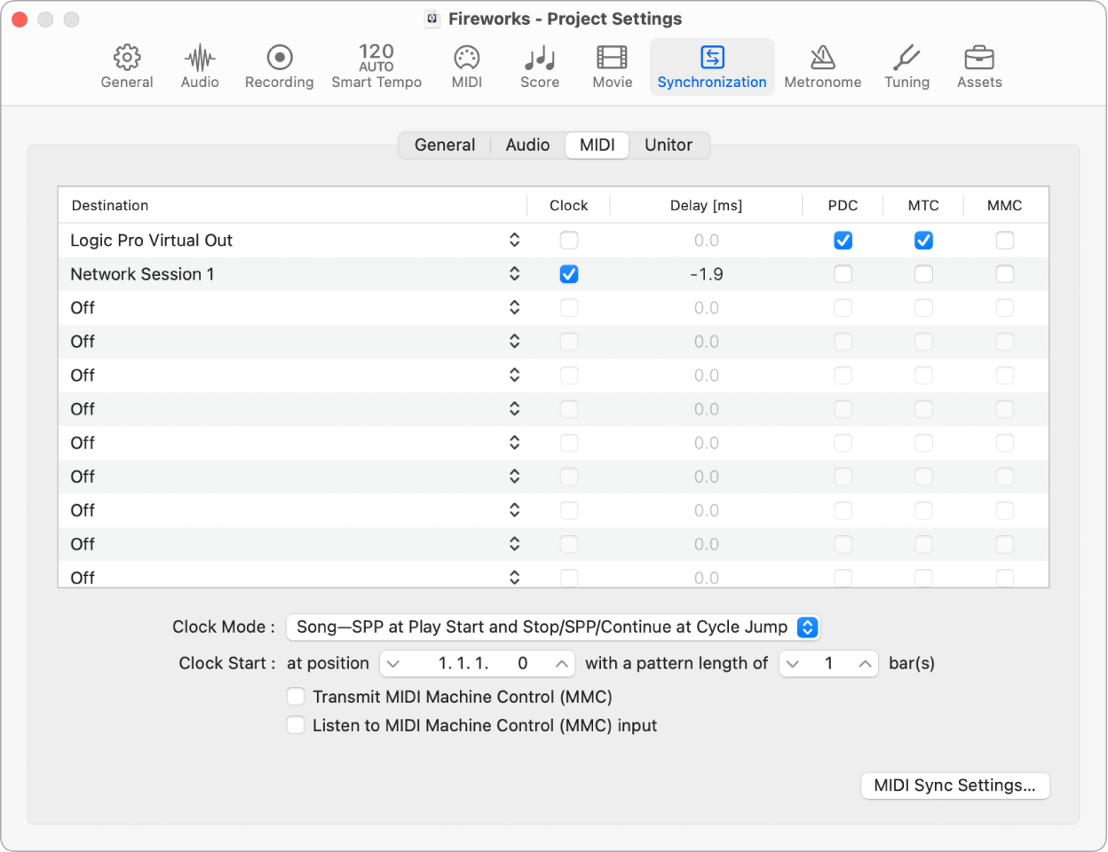 Figure. MIDI Synchronization project settings.