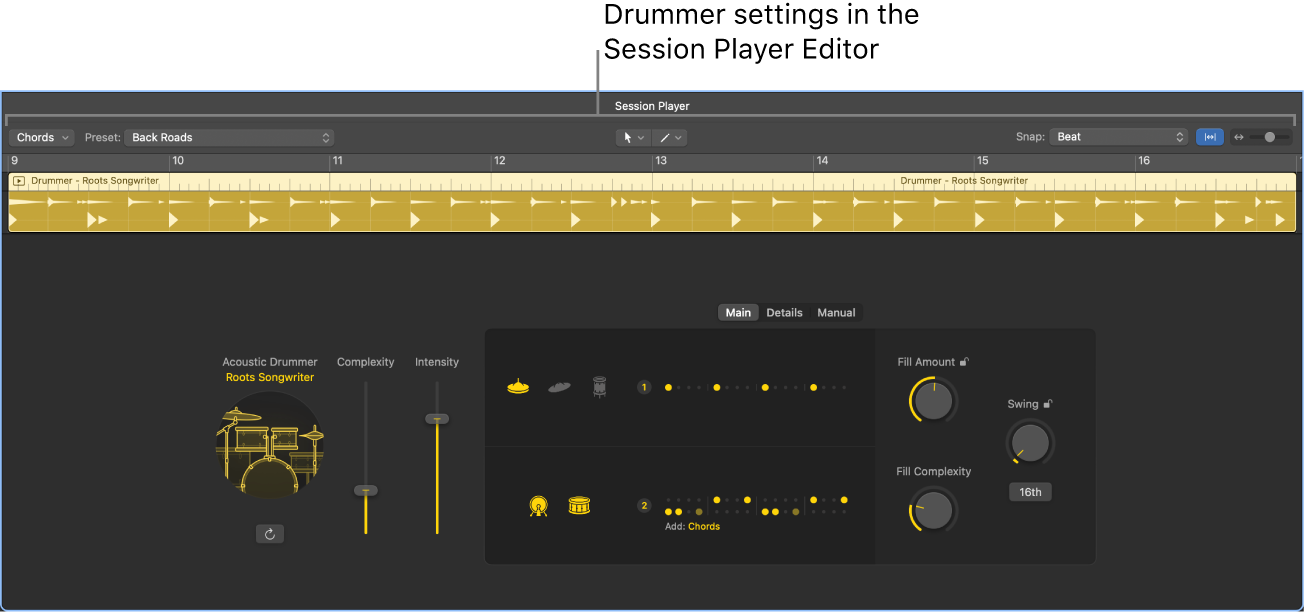 Figure. The Session Player Editor with Drummer settings.