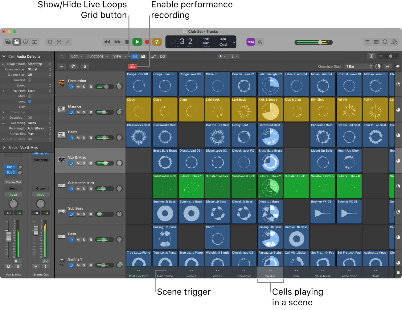 Figure. Live Loops grid with cells playing.