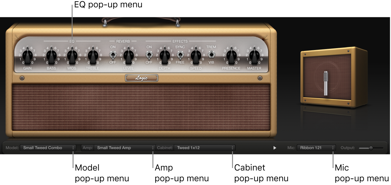 Figure. Amp Designer window with descriptions of pop-up menus.